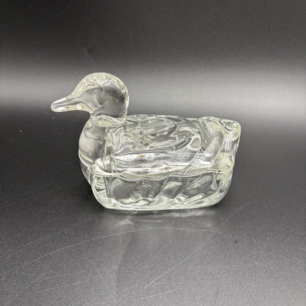 Vintage L.E. Smith Clear Glass Swimming Duck Trinket Cigarette Box EUC Retro MCM
